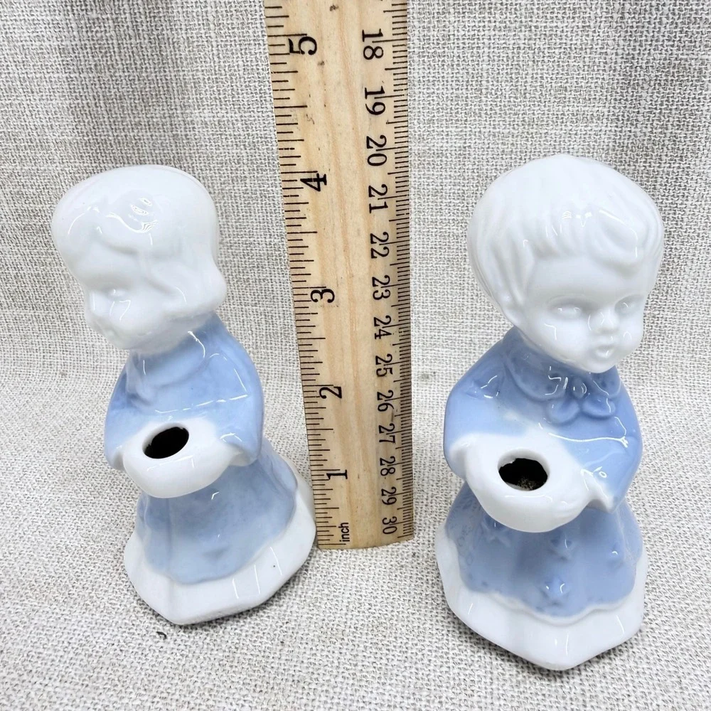 Vintage Blue White Ceramic Choir Boy Girl Figurines Candle Holder Set of 2